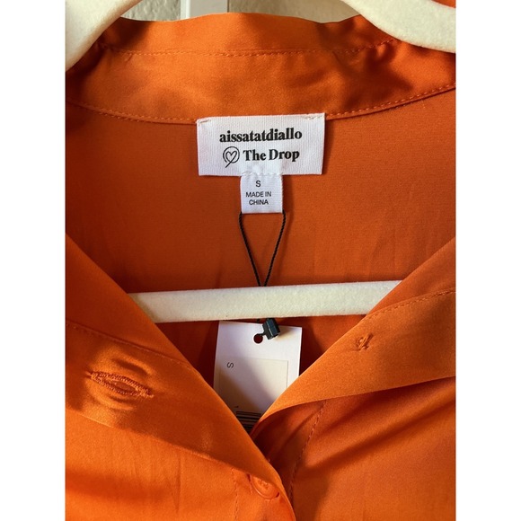 The Drop x Aissata Diallo Orange Smocked Satin Button Down Shirt Small NEW - Picture 8 of 10